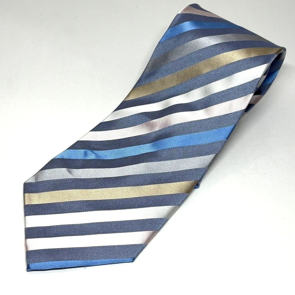 Weatherproof Necktie Men OS Blue‎ Silver Gold Silk Striped Formal Tie Business
